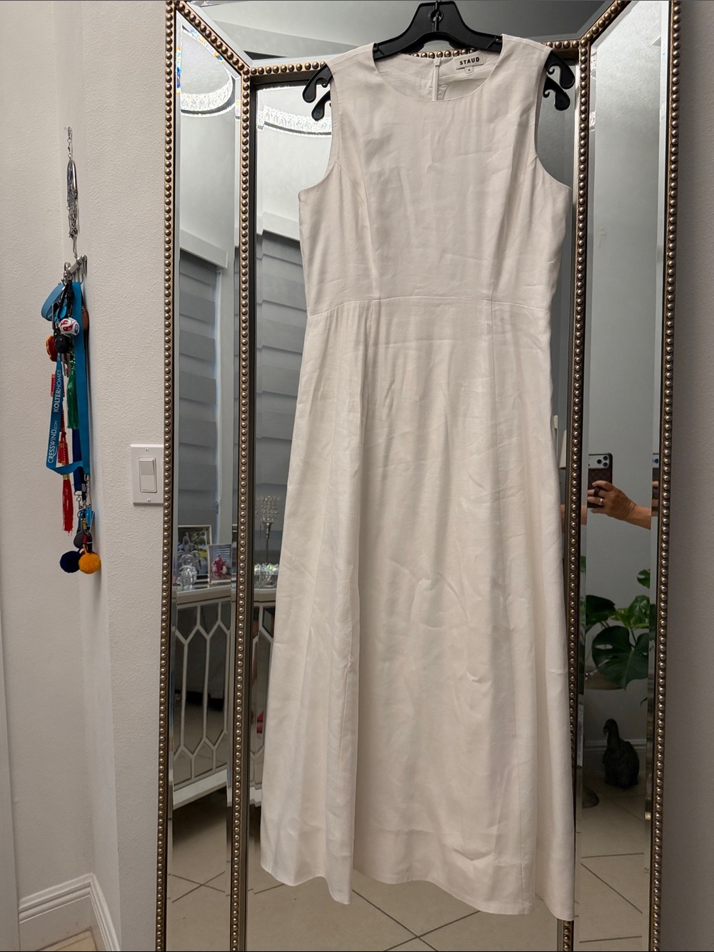STAUD White Sleeveless Maxi Dress with Round Neck